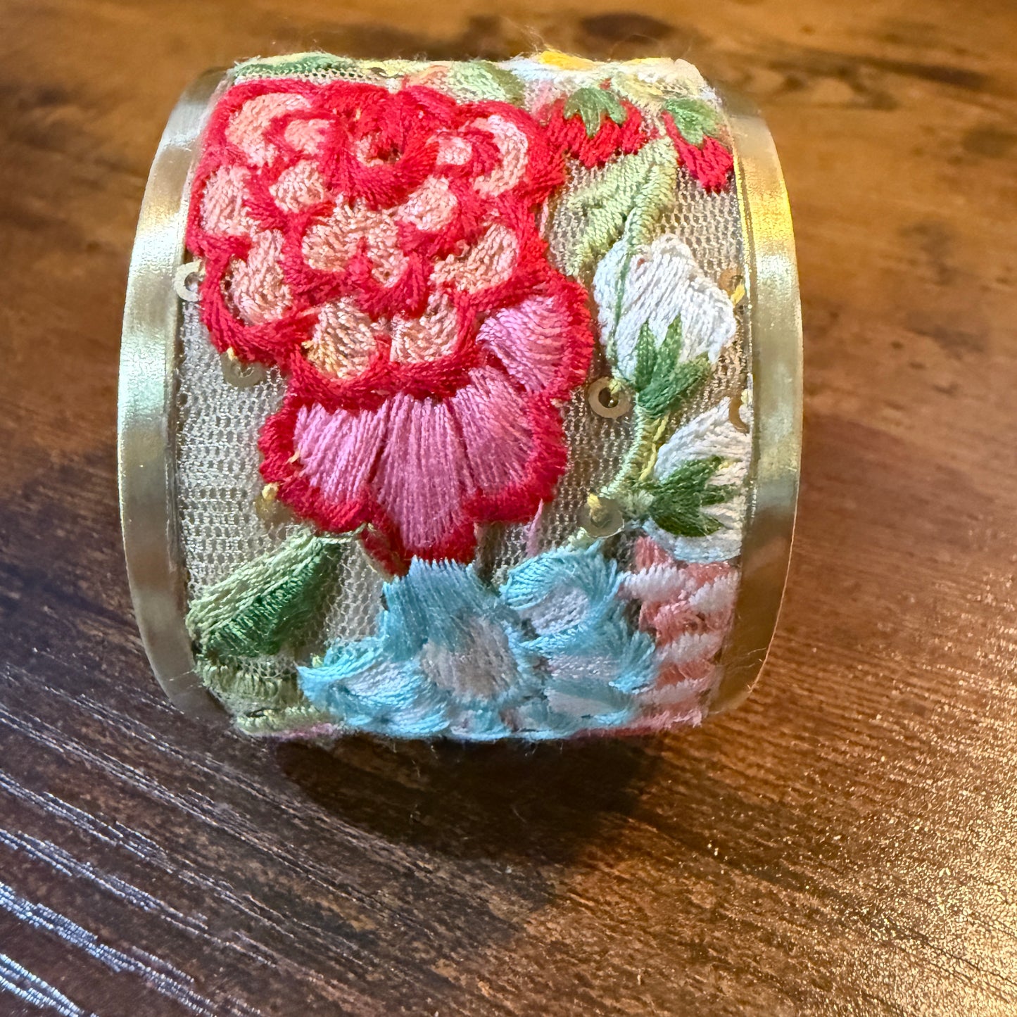 Spring Bloom Handcrafted Floral Embroidery Gold Tone Cuff Flex Bracelet