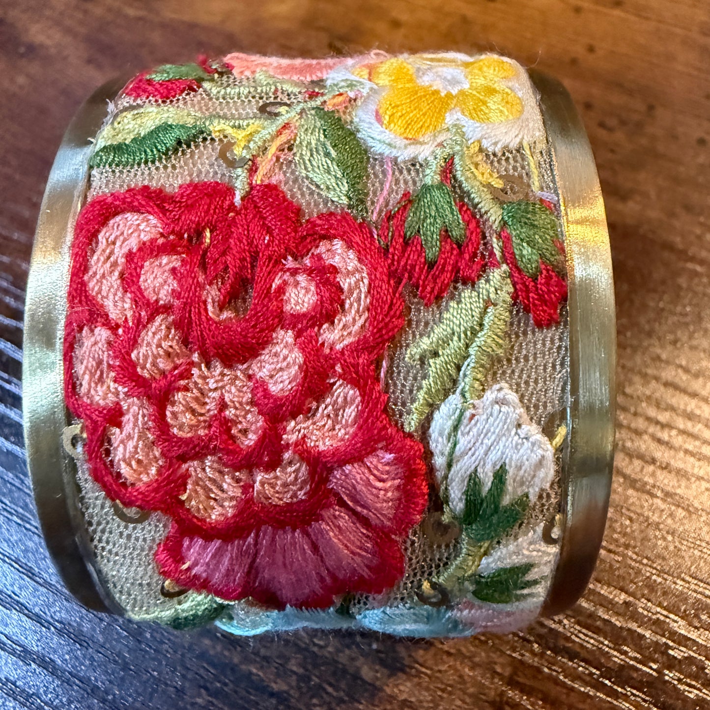 Spring Bloom Handcrafted Floral Embroidery Gold Tone Cuff Flex Bracelet