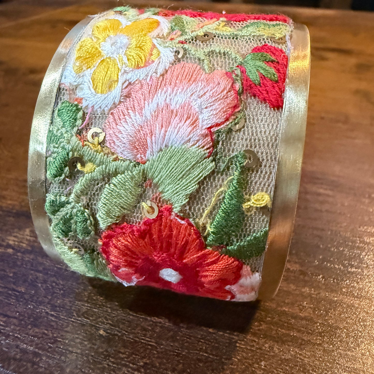 Spring Bloom Handcrafted Floral Embroidery Gold Tone Cuff Flex Bracelet
