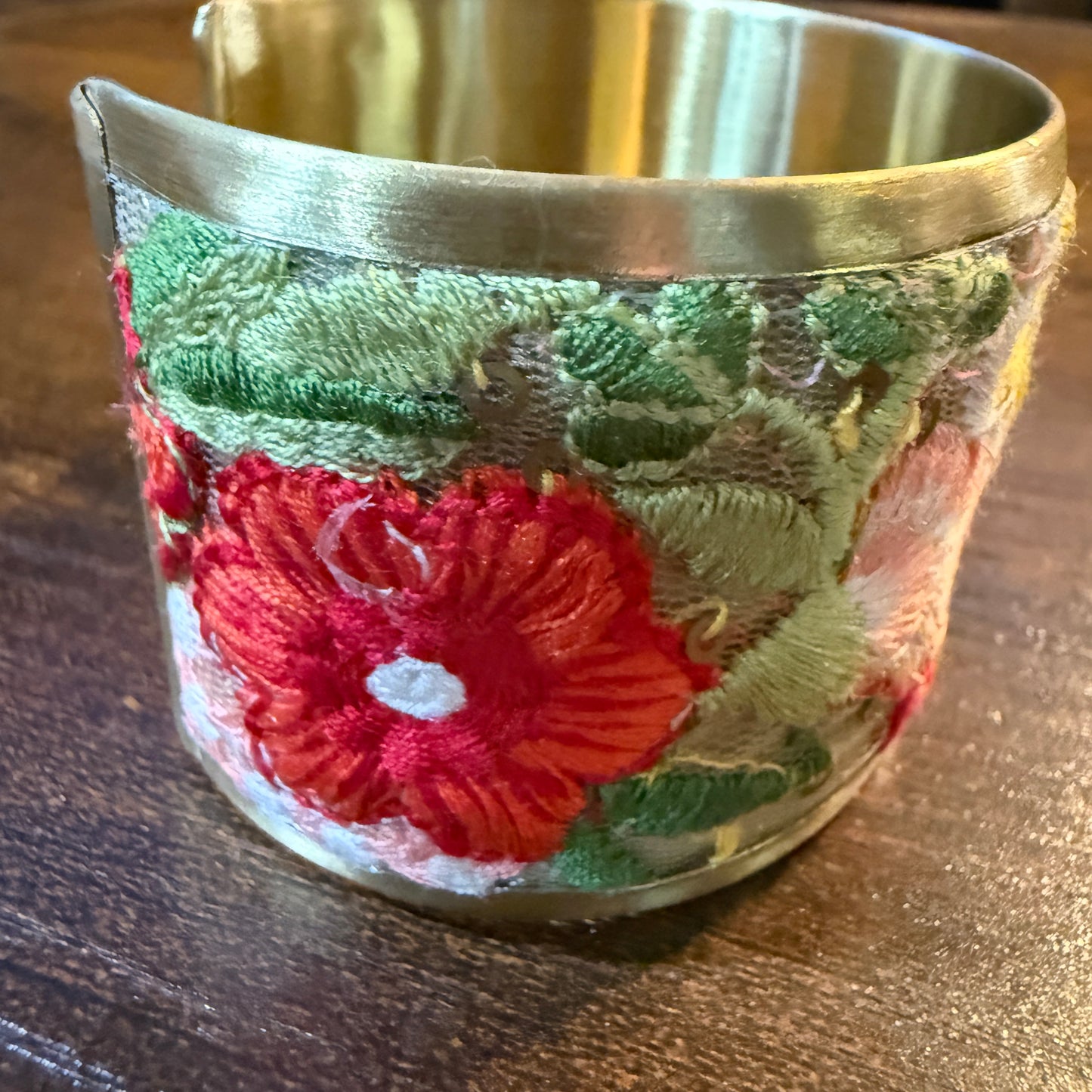 Spring Bloom Handcrafted Floral Embroidery Gold Tone Cuff Flex Bracelet