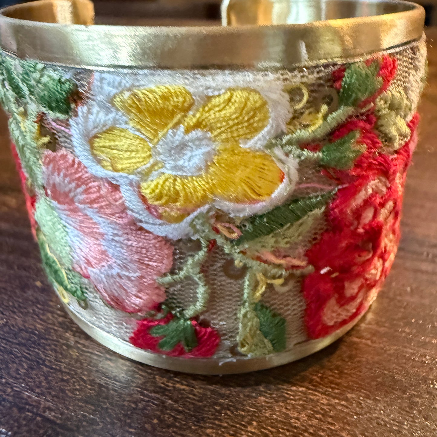 Spring Bloom Handcrafted Floral Embroidery Gold Tone Cuff Flex Bracelet