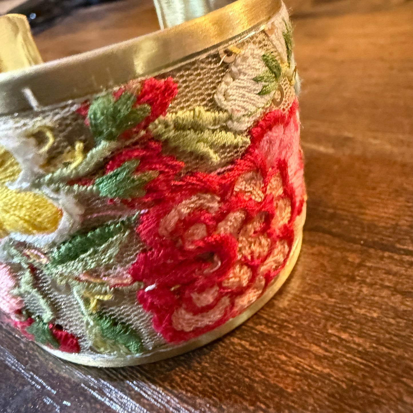 Spring Bloom Handcrafted Floral Embroidery Gold Tone Cuff Flex Bracelet