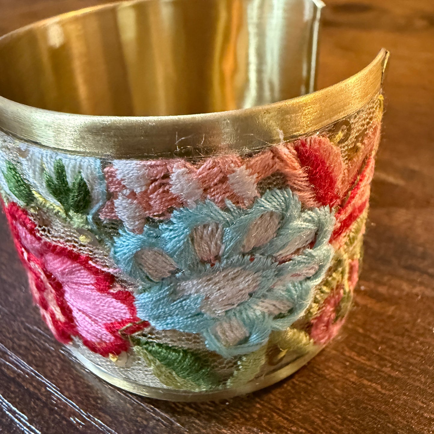 Spring Bloom Handcrafted Floral Embroidery Gold Tone Cuff Flex Bracelet