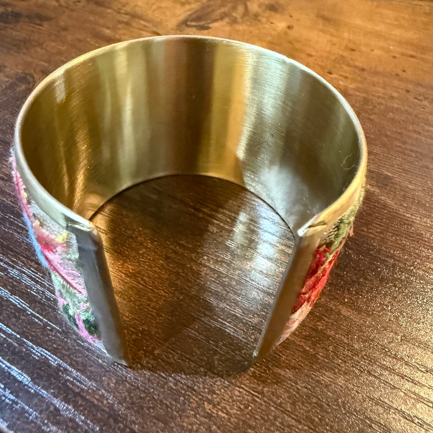 Spring Bloom Handcrafted Floral Embroidery Gold Tone Cuff Flex Bracelet