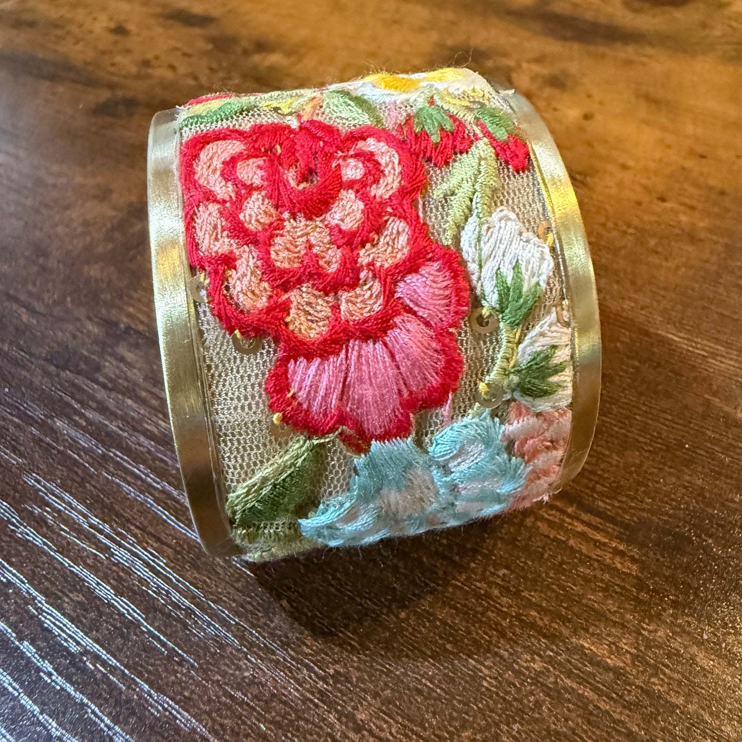 Spring Bloom Handcrafted Floral Embroidery Gold Tone Cuff Flex Bracelet