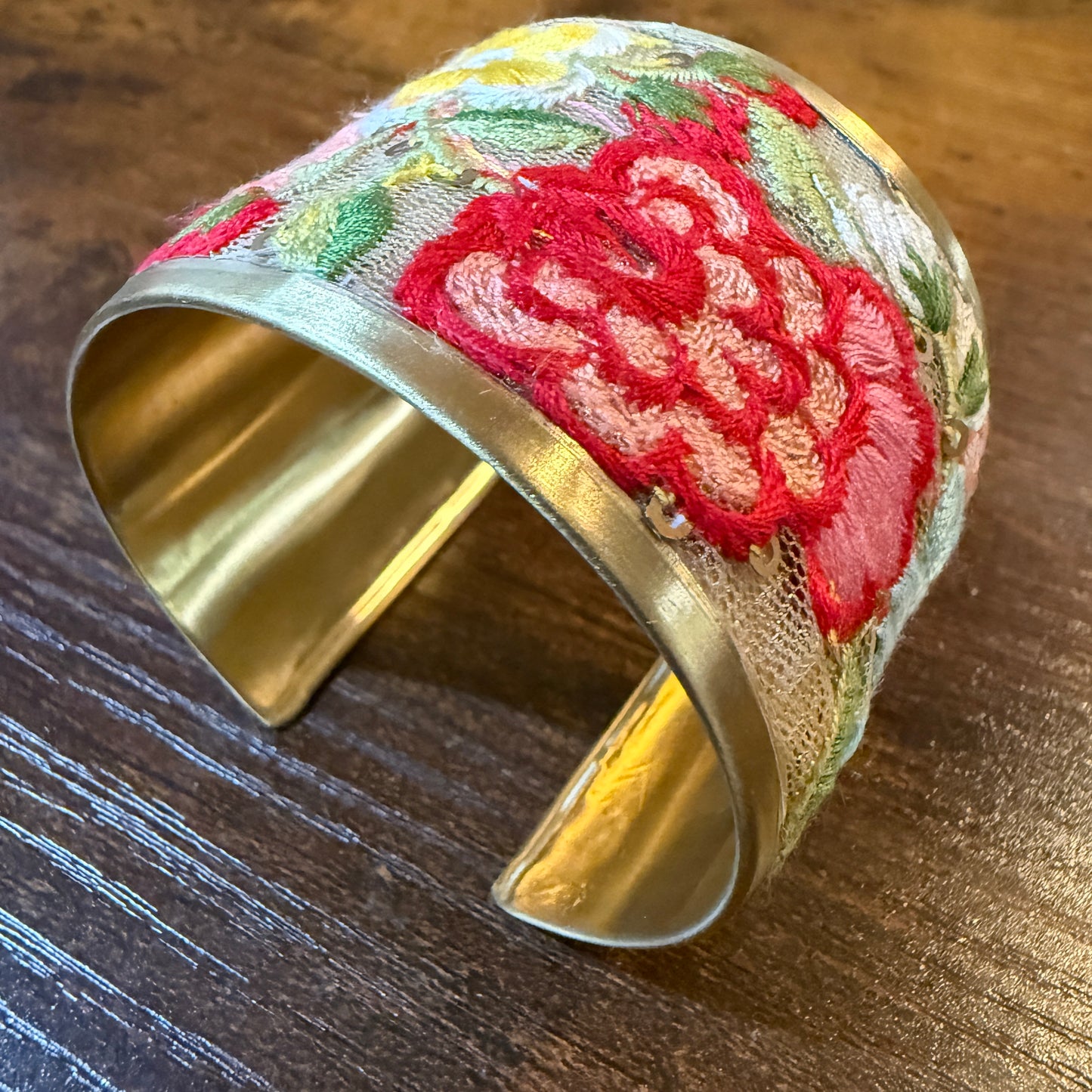 Spring Bloom Handcrafted Floral Embroidery Gold Tone Cuff Flex Bracelet