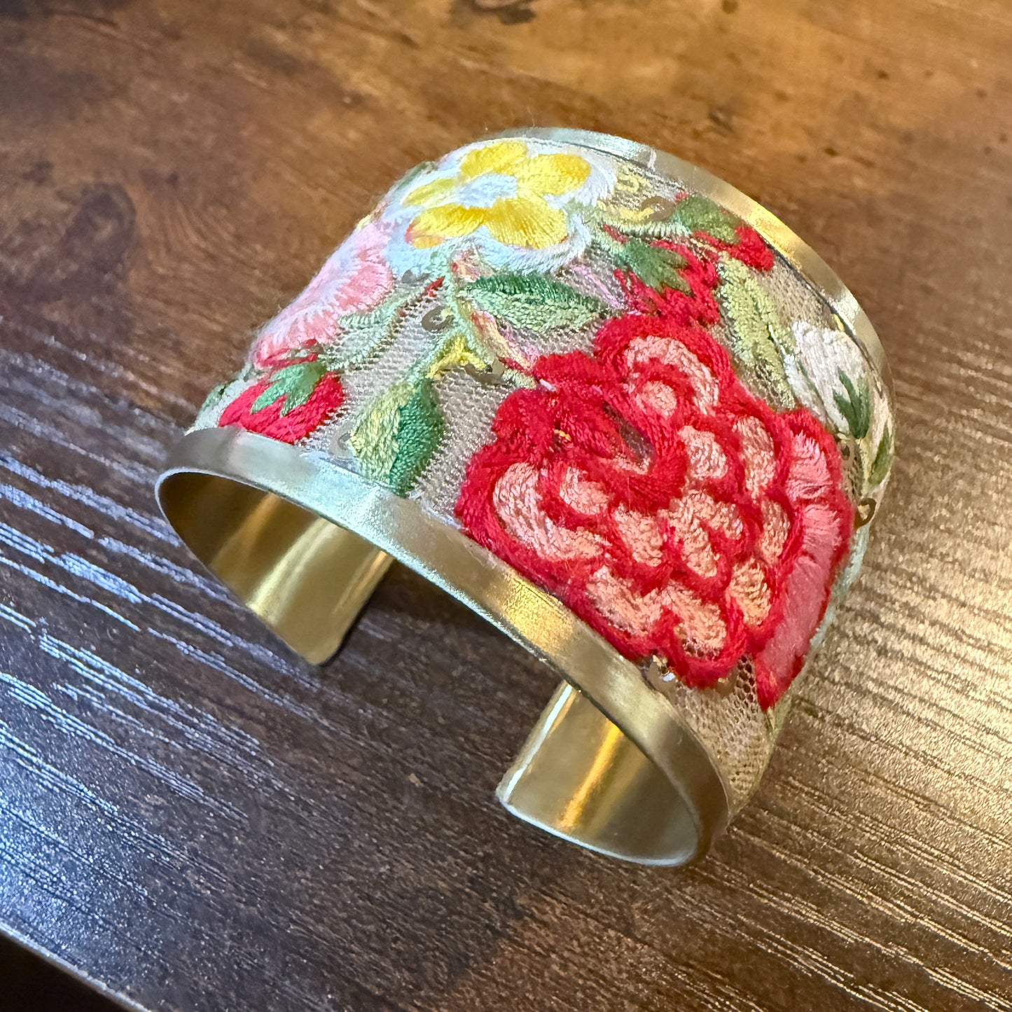 Spring Bloom Handcrafted Floral Embroidery Gold Tone Cuff Flex Bracelet