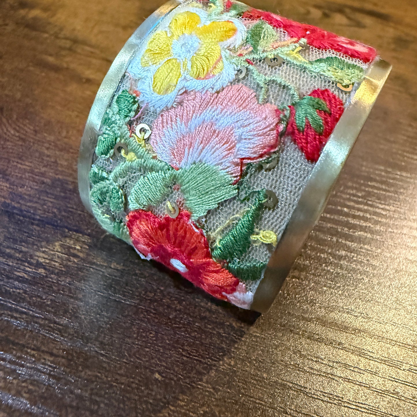 Spring Bloom Handcrafted Floral Embroidery Gold Tone Cuff Flex Bracelet