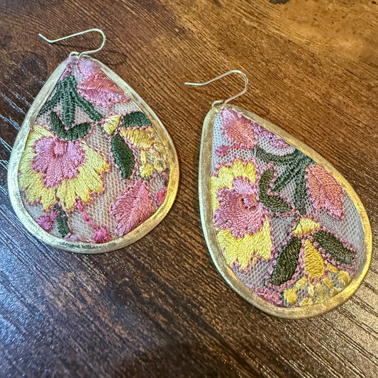 Pastel Embroidered Floral Drop Earrings Gold Tone Teardrop