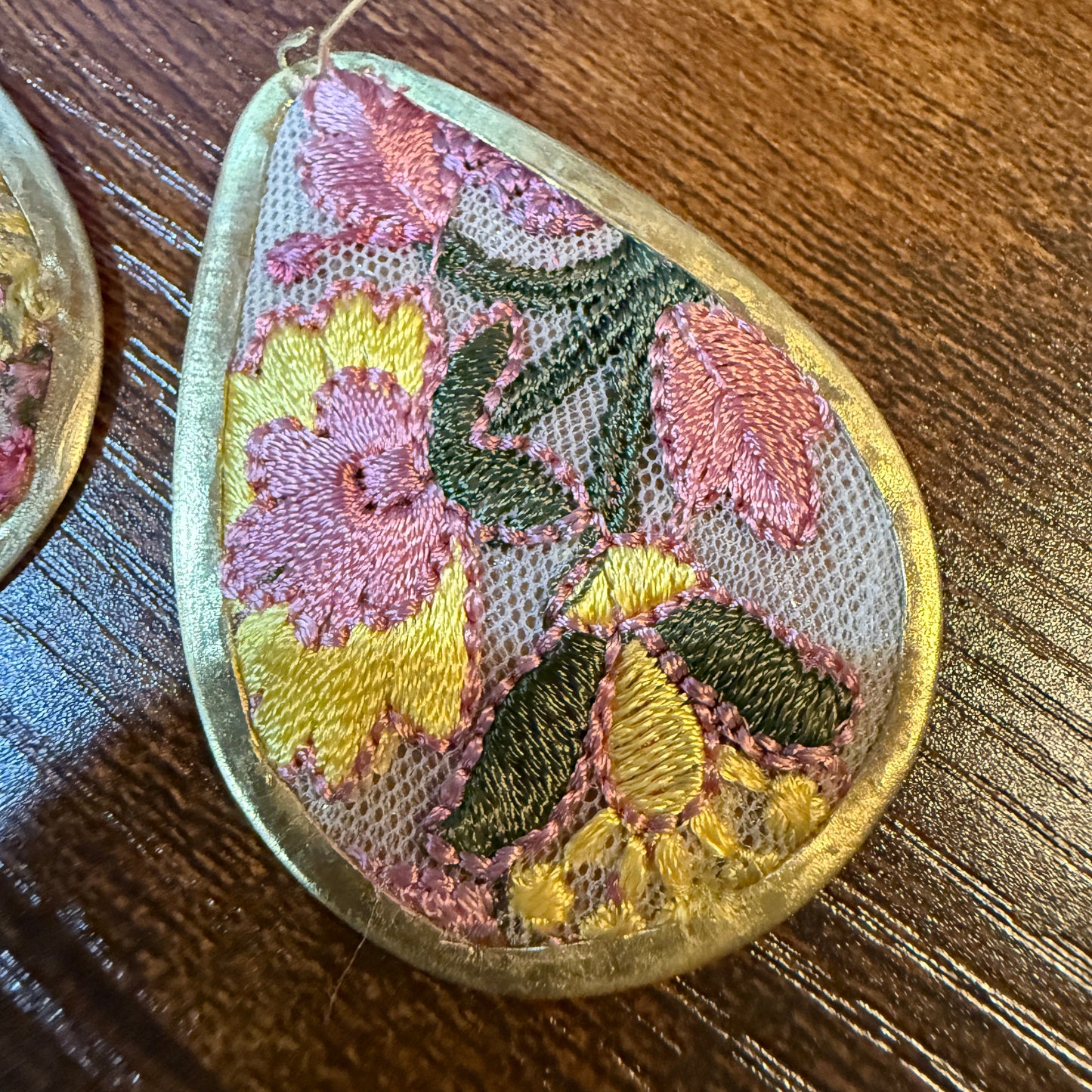 Pastel Embroidered Floral Drop Earrings Gold Tone Teardrop