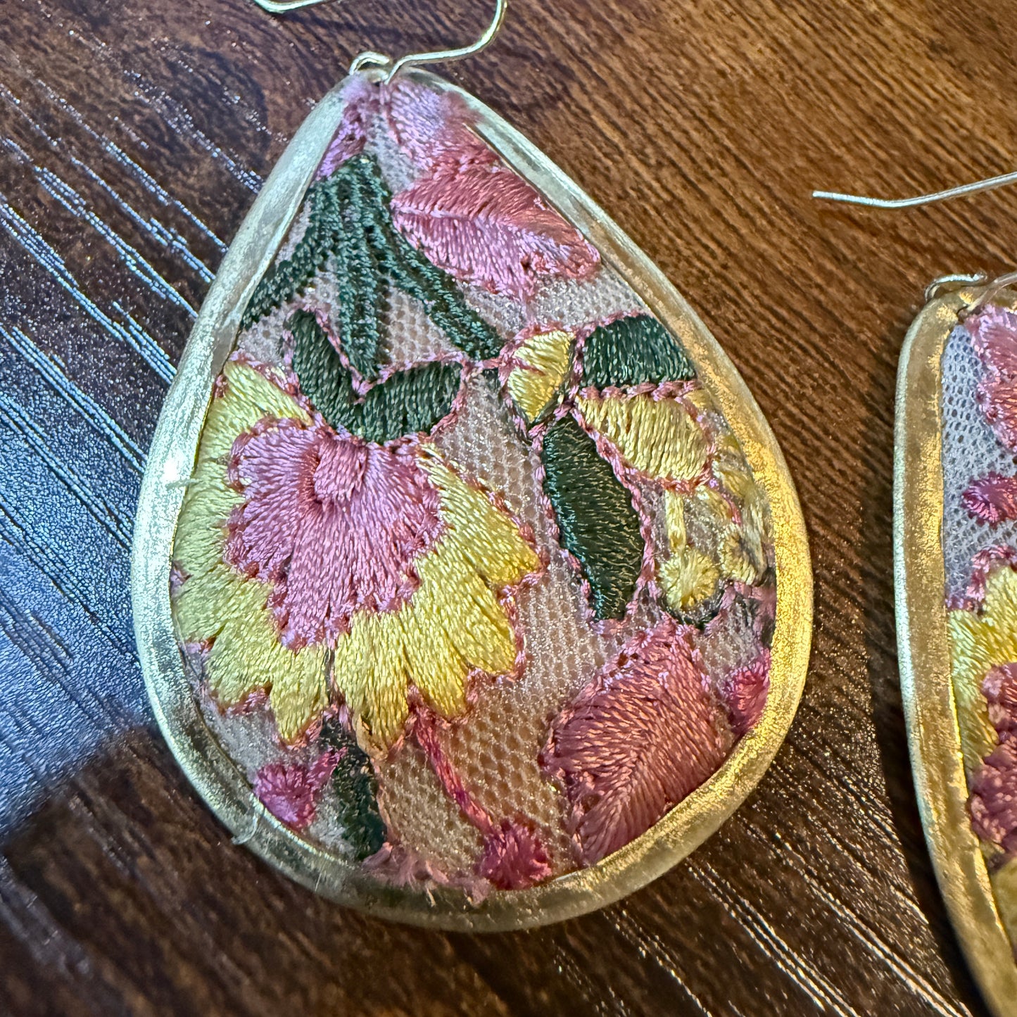 Pastel Embroidered Floral Drop Earrings Gold Tone Teardrop