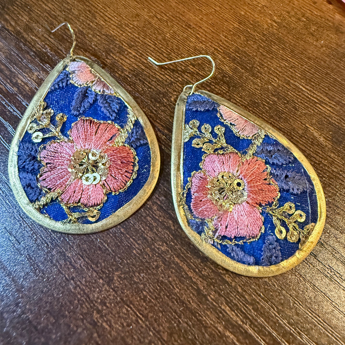 Autumn Embroidery Teardrop Earrings Gold Tone Vintage Pastel Floral Fabric