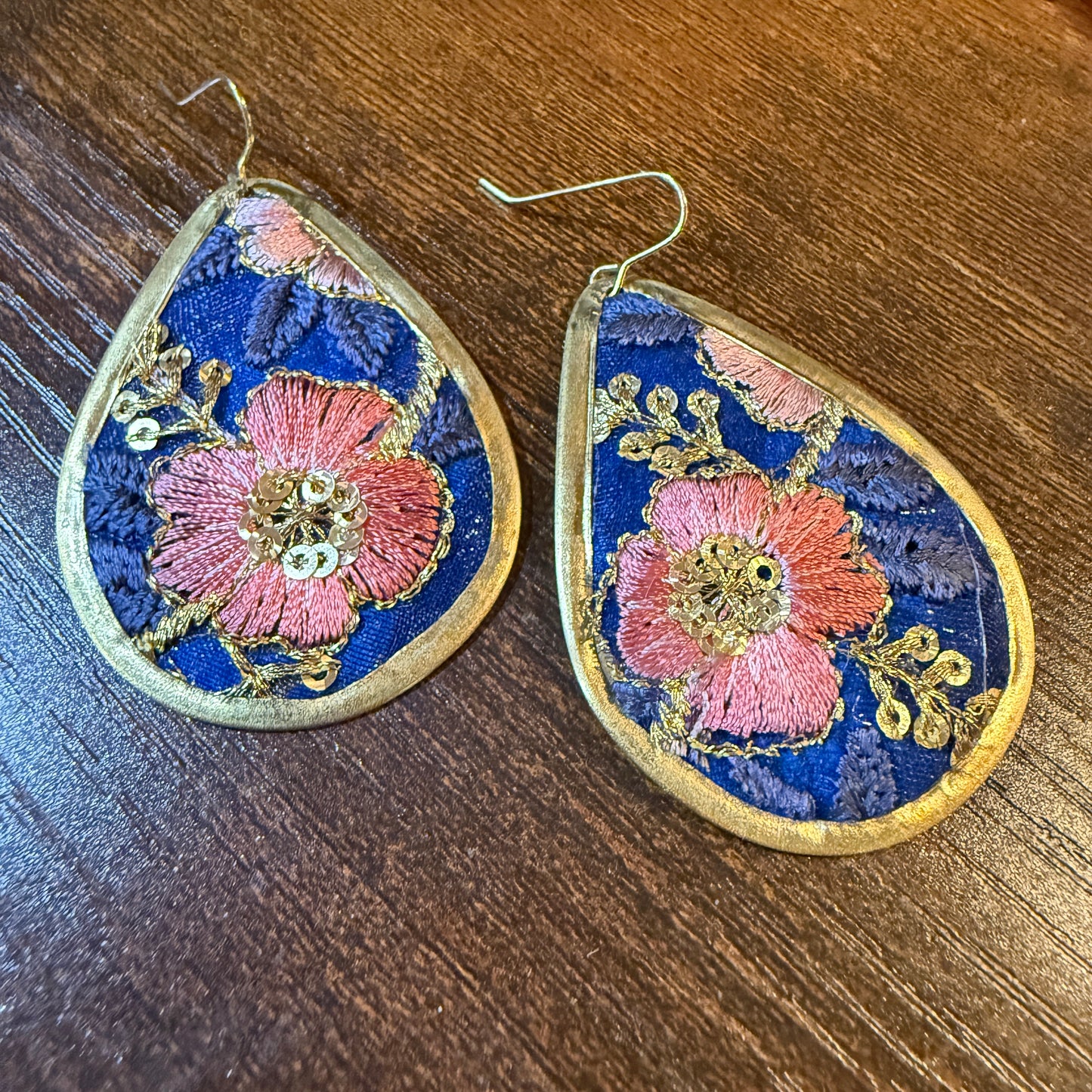Autumn Embroidery Teardrop Earrings Gold Tone Vintage Pastel Floral Fabric
