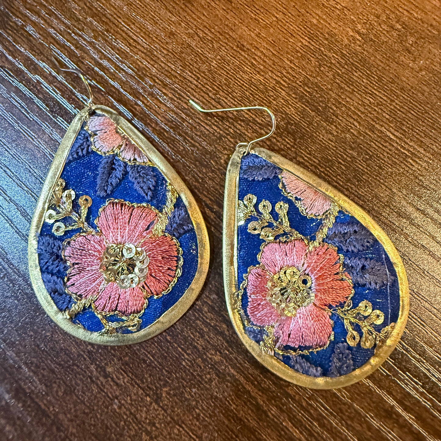 Autumn Embroidery Teardrop Earrings Gold Tone Vintage Pastel Floral Fabric