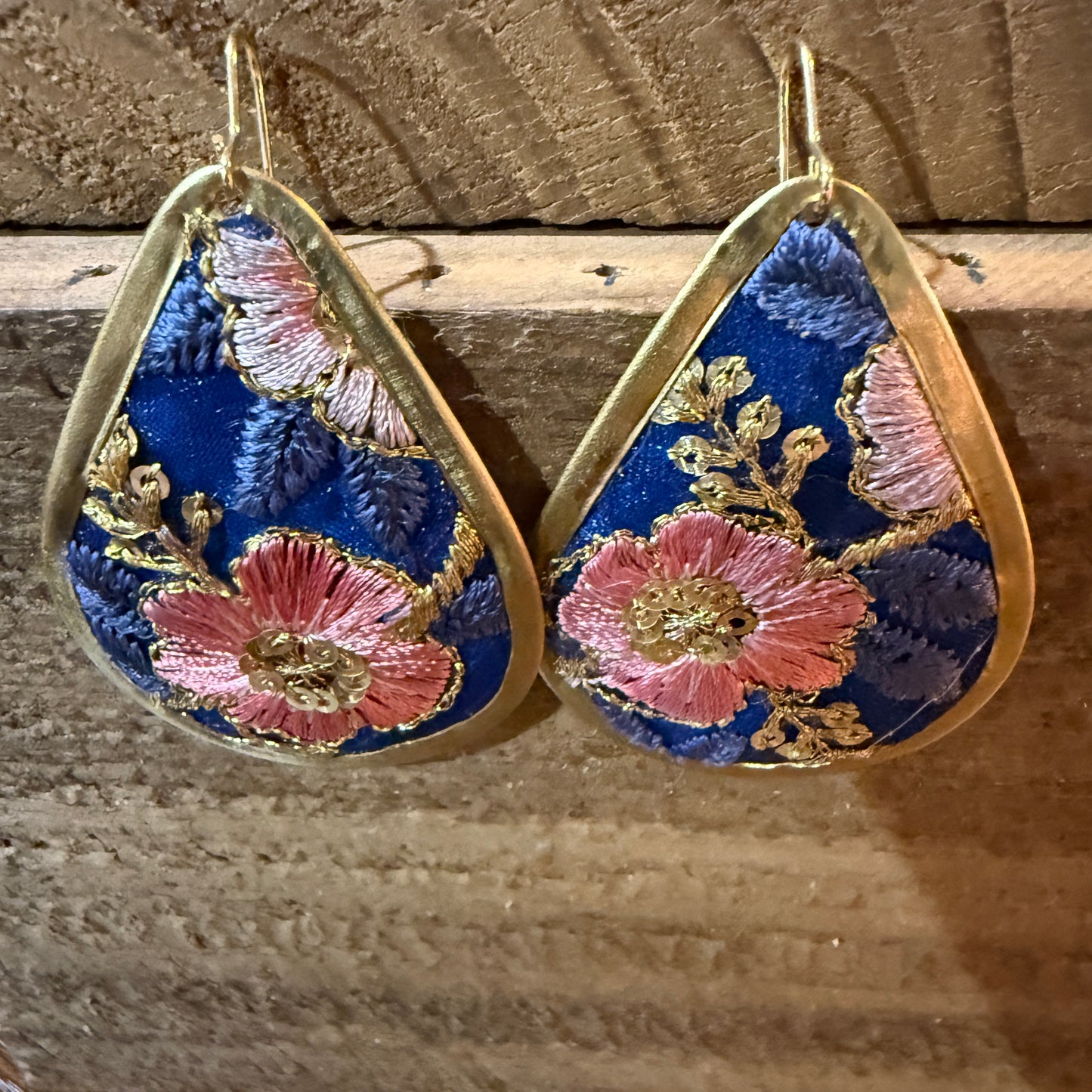 Autumn Embroidery Teardrop Earrings Gold Tone Vintage Pastel Floral Fabric