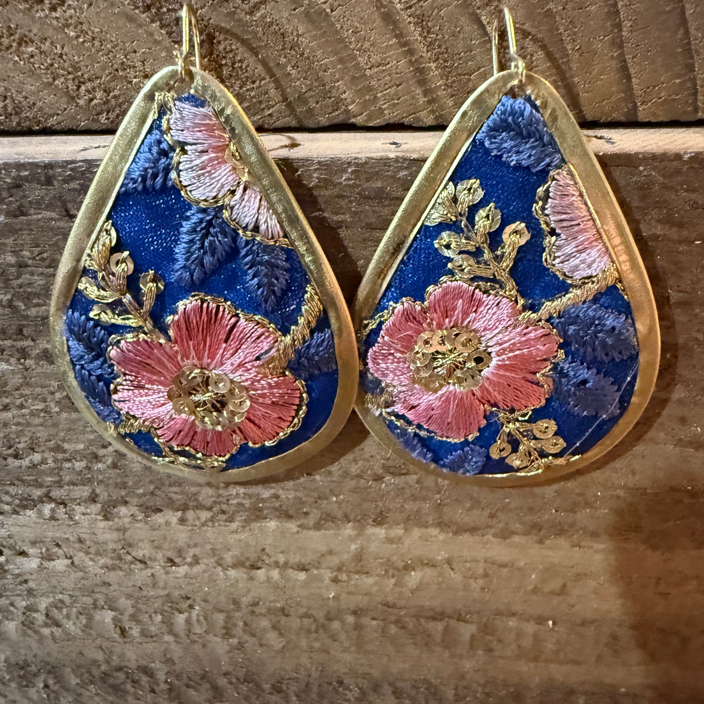 Autumn Embroidery Teardrop Earrings Gold Tone Vintage Pastel Floral Fabric