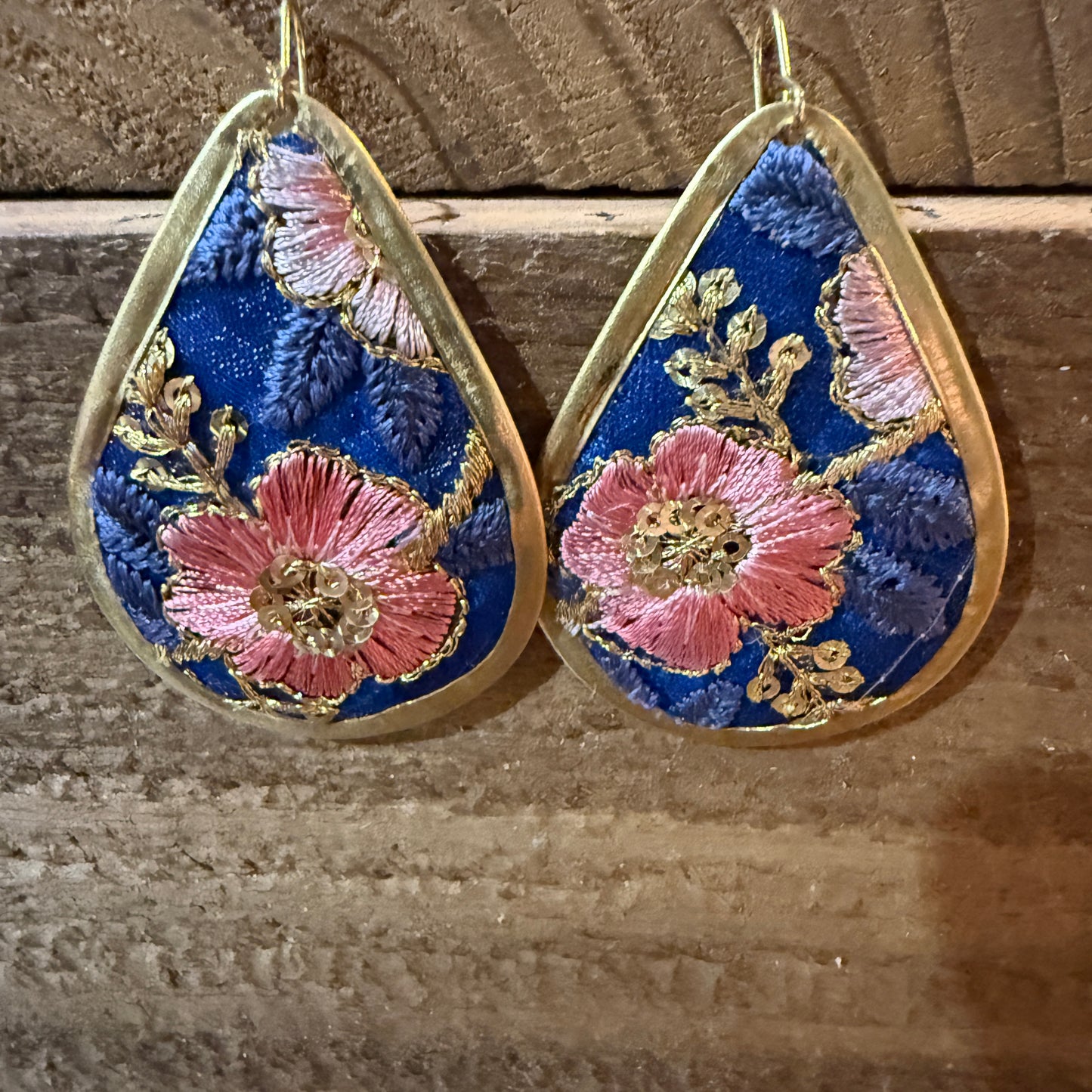 Autumn Embroidery Teardrop Earrings Gold Tone Vintage Pastel Floral Fabric