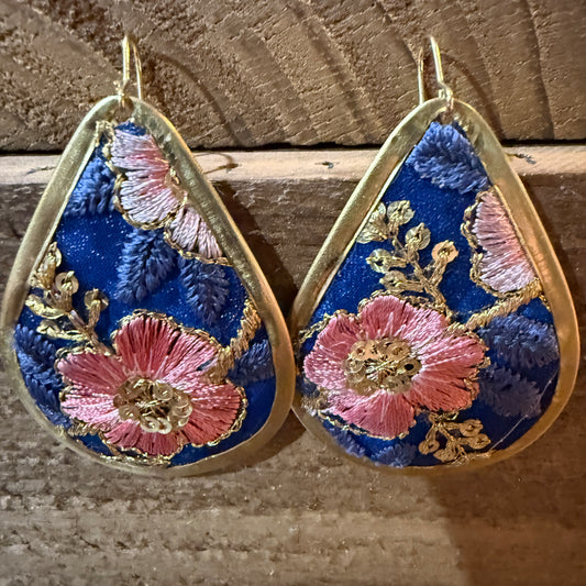 Autumn Embroidery Teardrop Earrings Gold Tone Vintage Pastel Floral Fabric