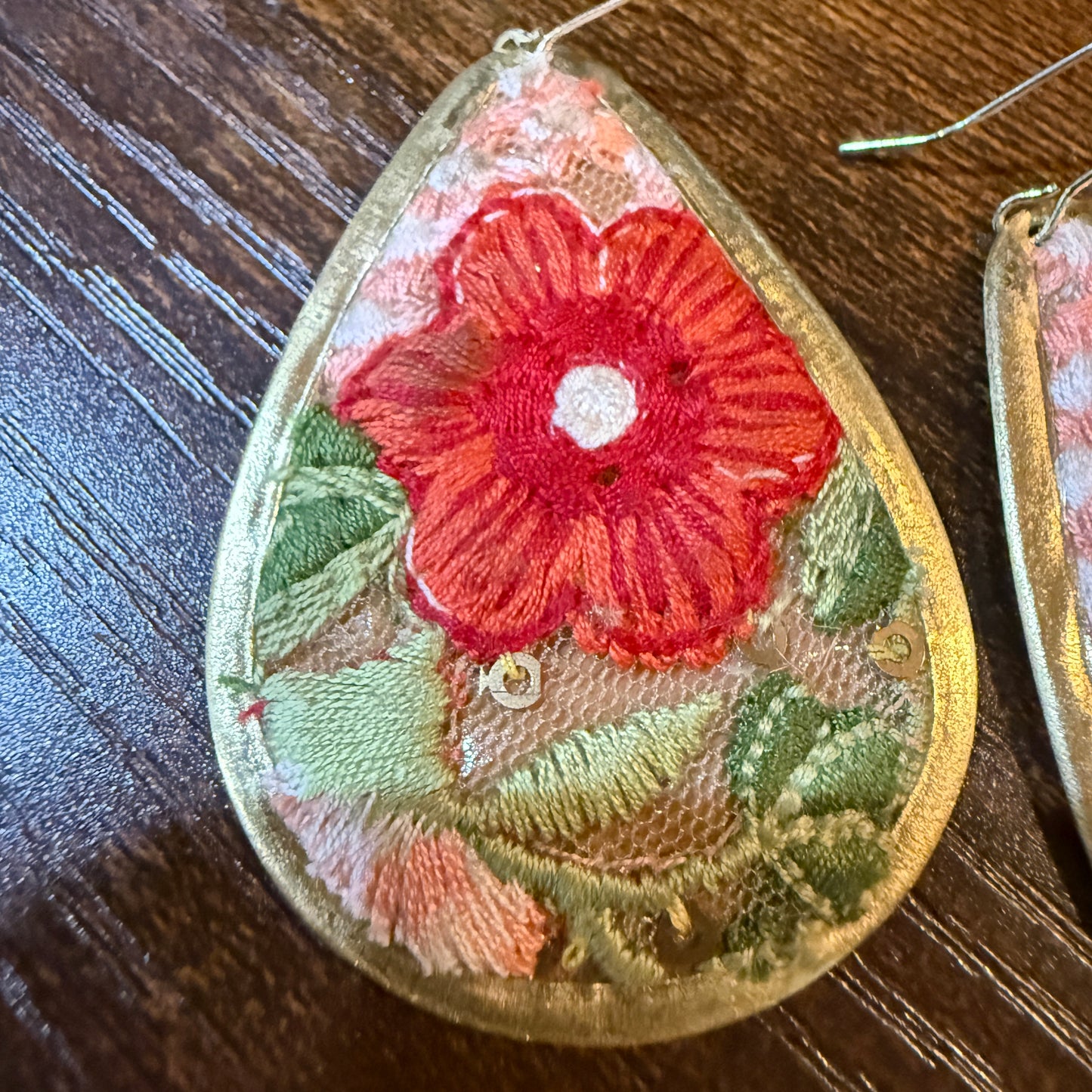 Red Rose Floral Embroidery Wire Earrings Gold Tone Teardrop