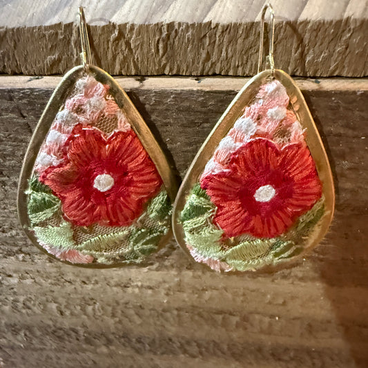 Red Rose Floral Embroidery Wire Earrings Gold Tone Teardrop