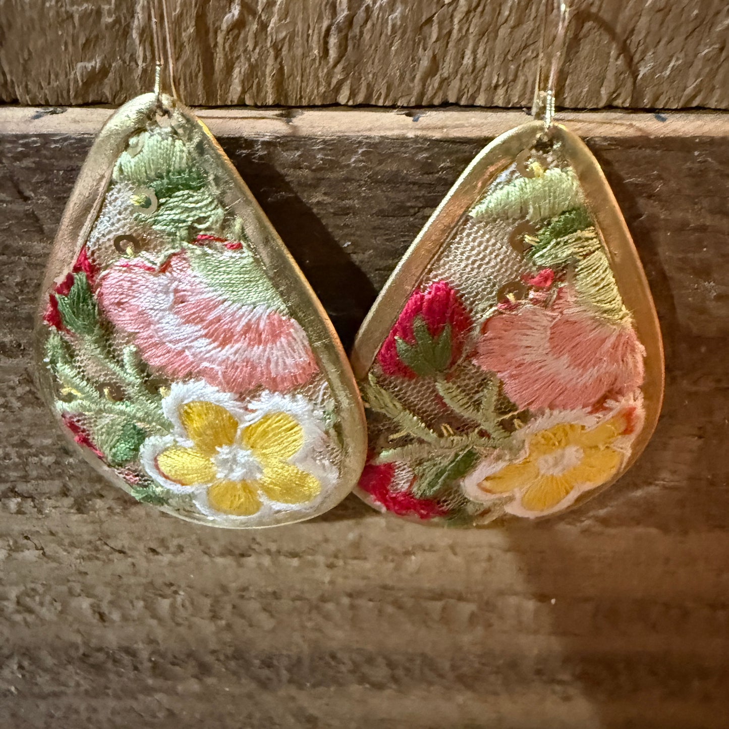Yellow Blossom Florals Embroidered Drop Wire Earrings Gold Tone Teardrop