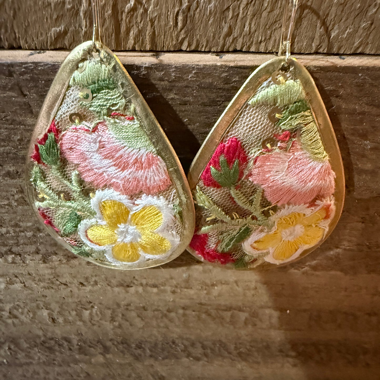 Yellow Blossom Florals Embroidered Drop Wire Earrings Gold Tone Teardrop