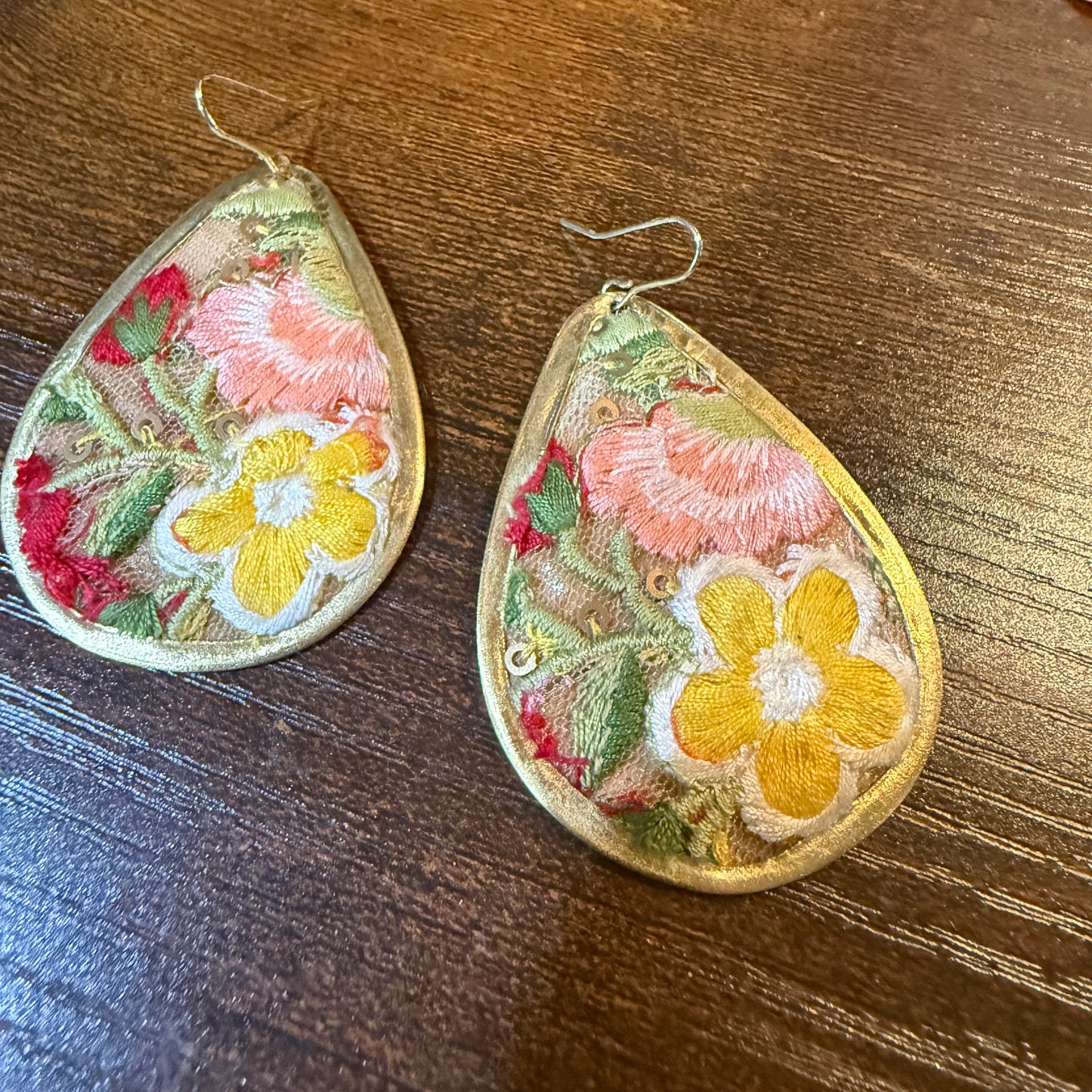 Yellow Blossom Florals Embroidered Drop Wire Earrings Gold Tone Teardrop