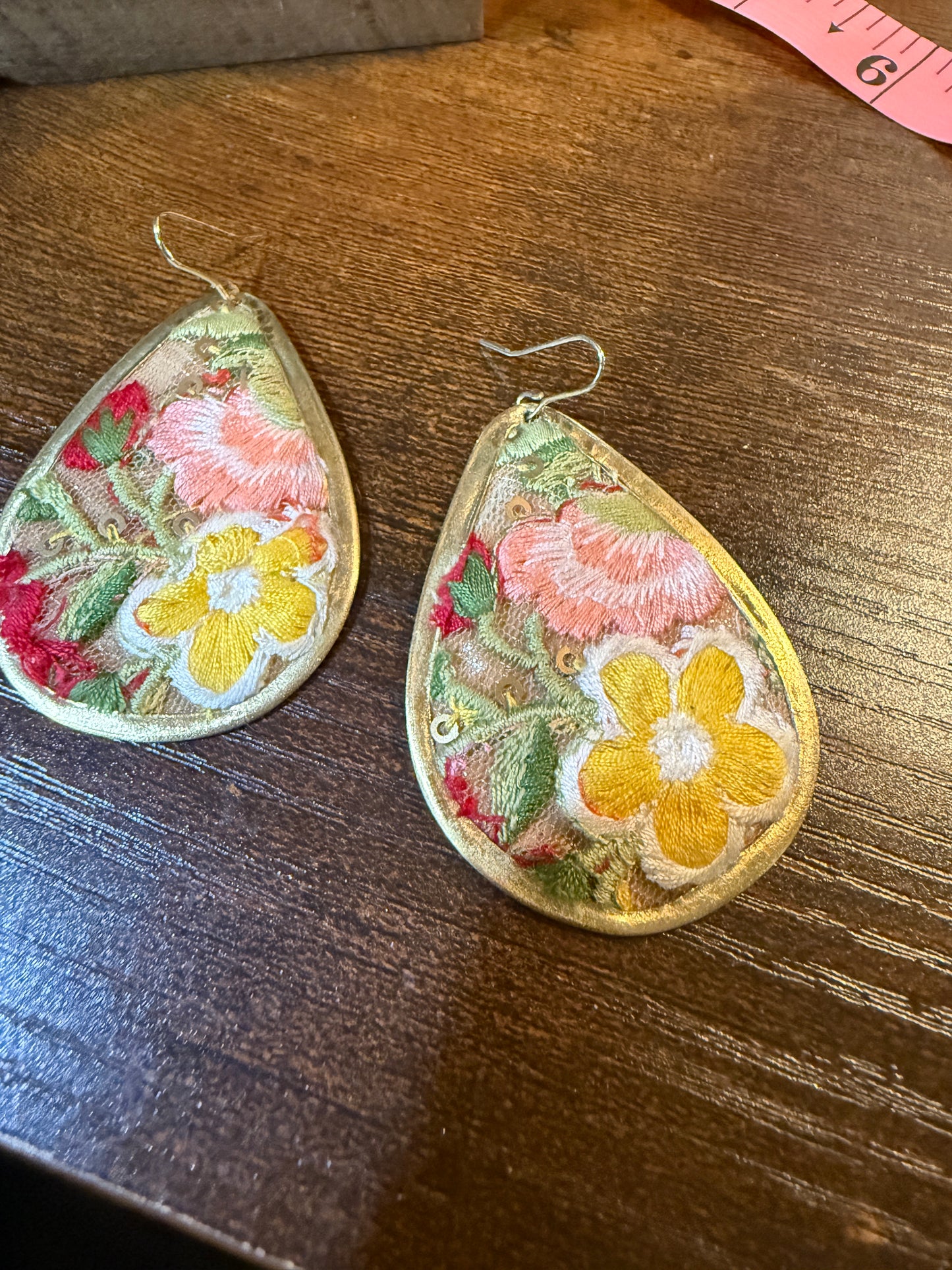 Yellow Blossom Florals Embroidered Drop Wire Earrings Gold Tone Teardrop