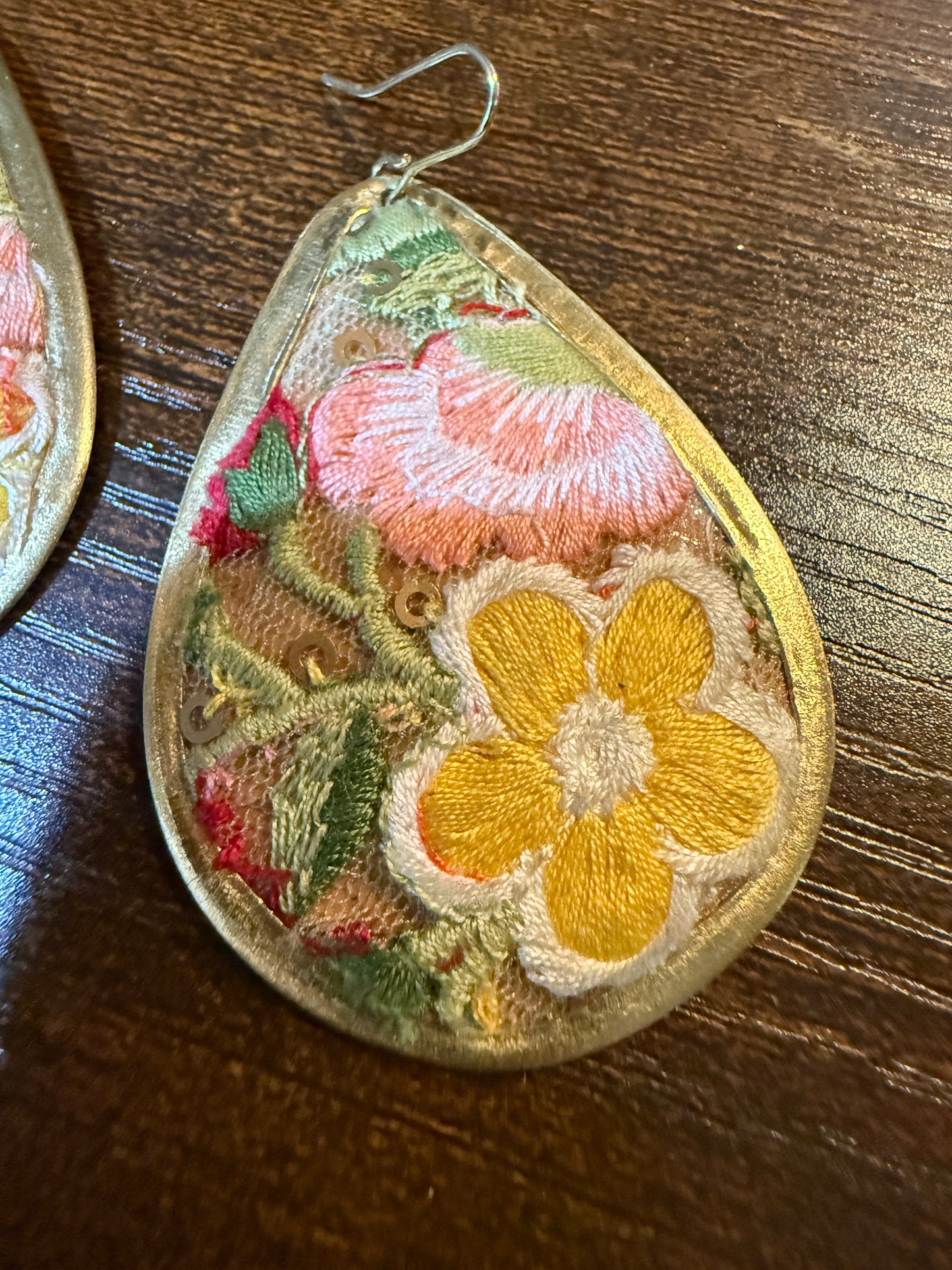 Yellow Blossom Florals Embroidered Drop Wire Earrings Gold Tone Teardrop
