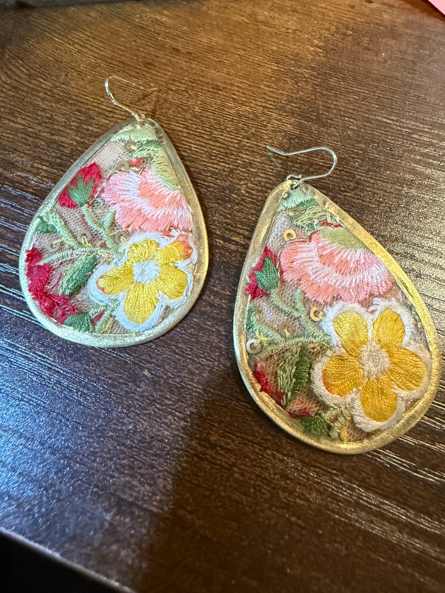 Yellow Blossom Florals Embroidered Drop Wire Earrings Gold Tone Teardrop