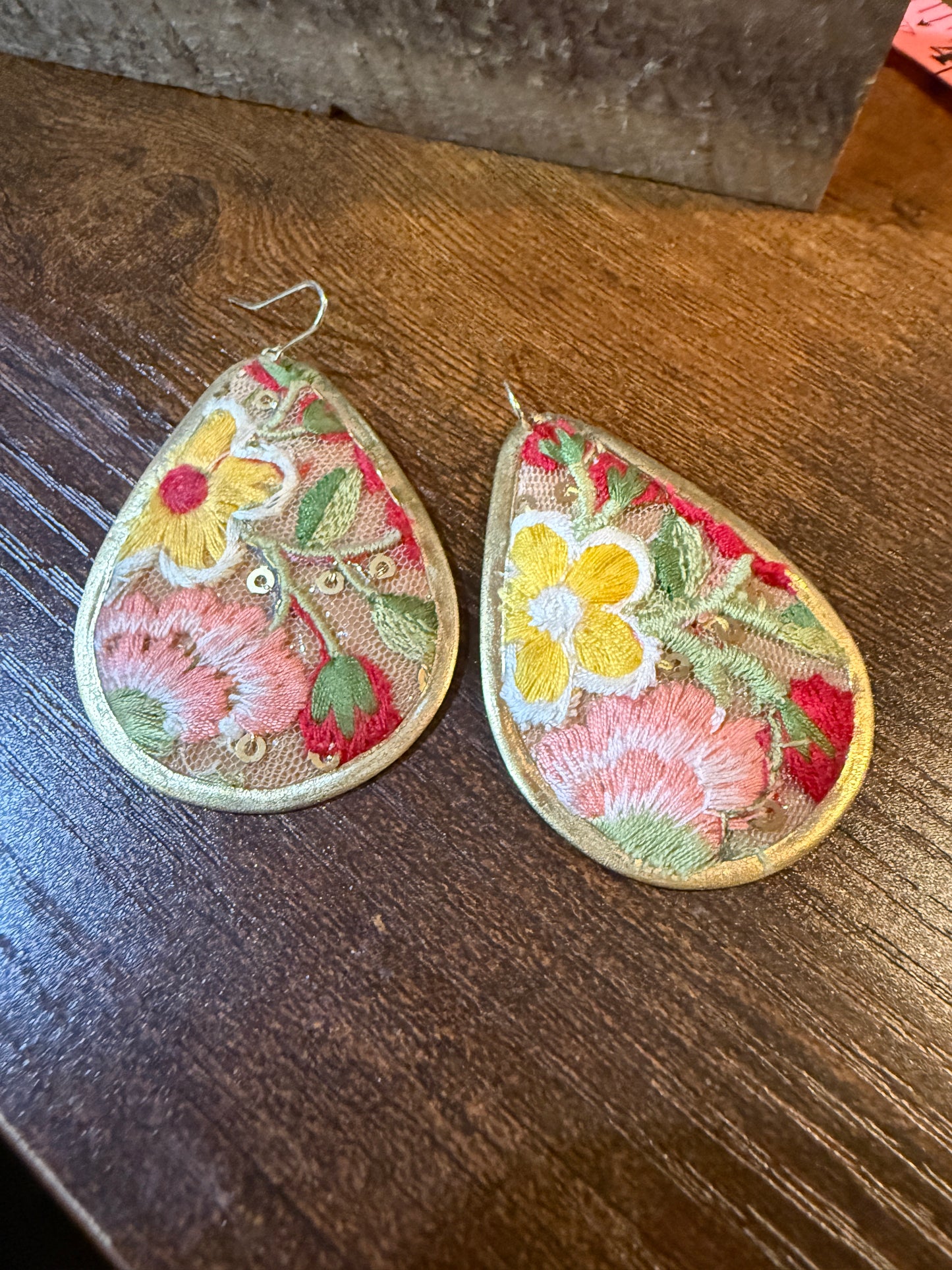 Yellow Bloom Florals Embroidered Wire Earrings With Gold Tone Teardrop