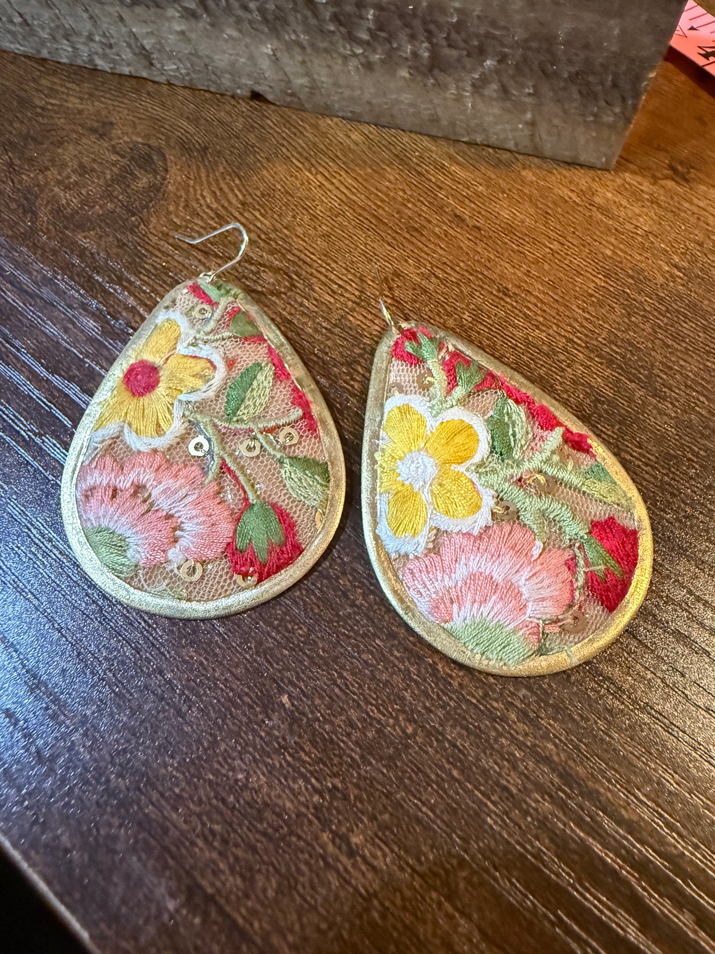 Yellow Bloom Florals Embroidered Wire Earrings With Gold Tone Teardrop
