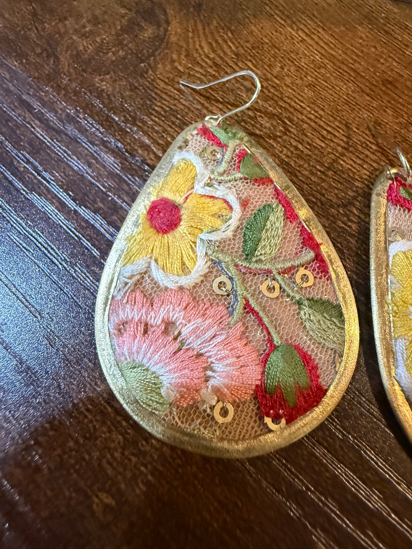 Yellow Bloom Florals Embroidered Wire Earrings With Gold Tone Teardrop