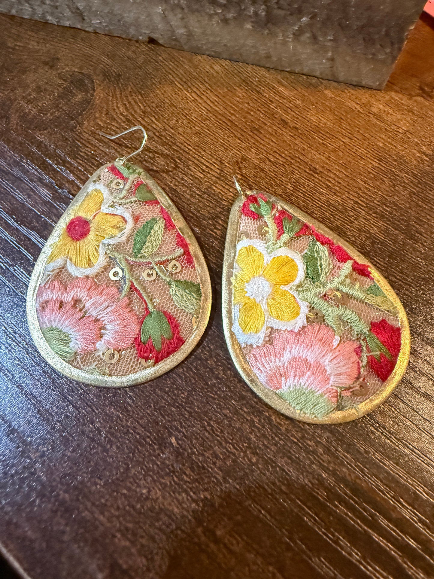 Yellow Bloom Florals Embroidered Wire Earrings With Gold Tone Teardrop
