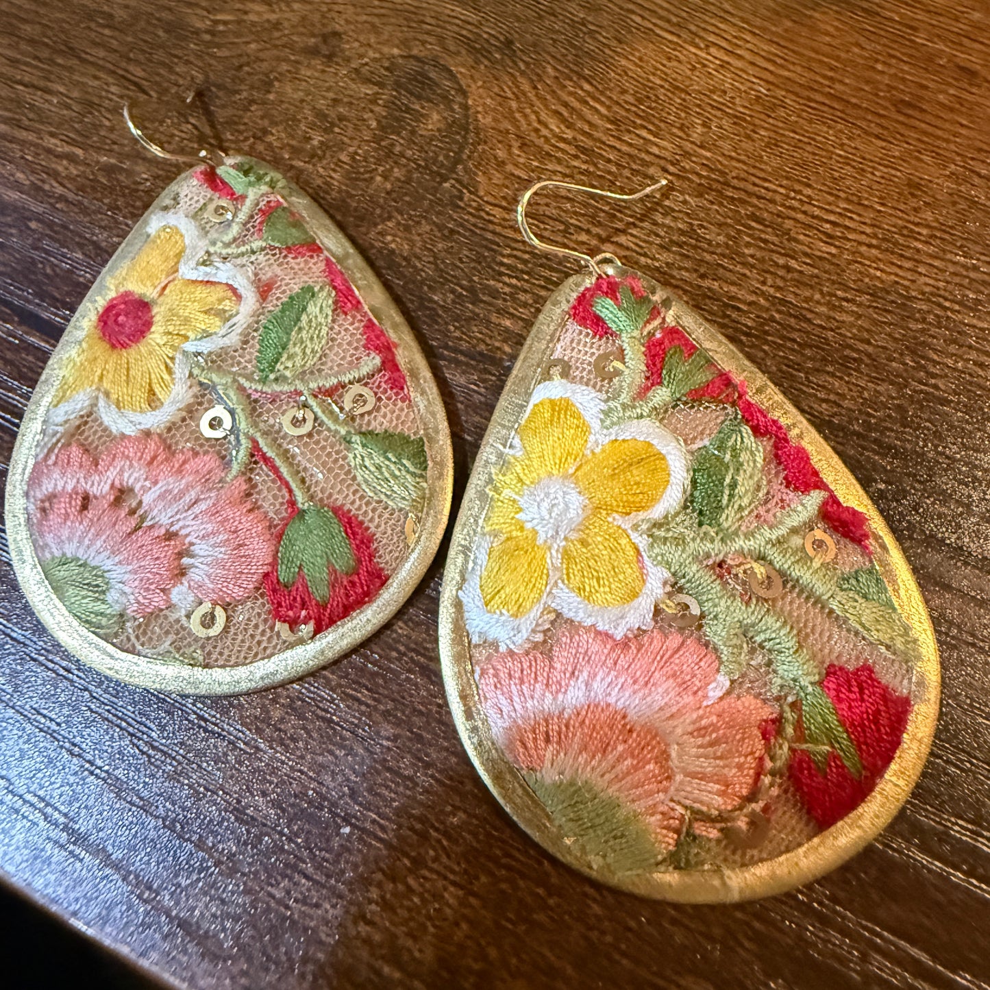 Yellow Bloom Florals Embroidered Wire Earrings With Gold Tone Teardrop