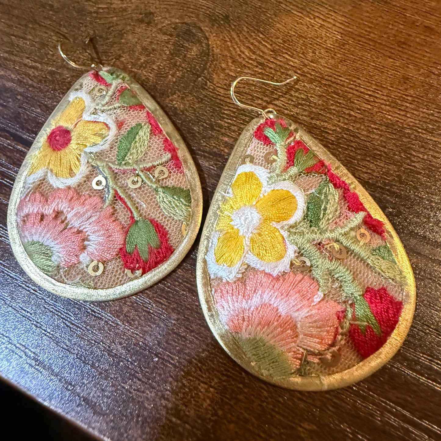Yellow Bloom Florals Embroidered Wire Earrings With Gold Tone Teardrop