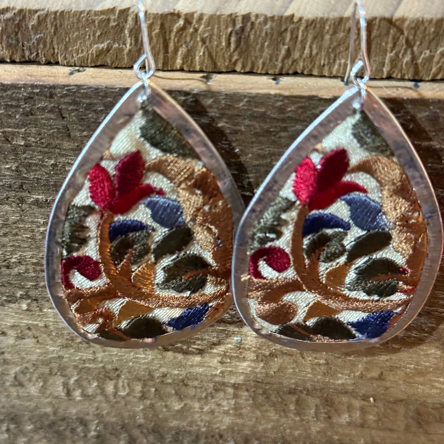 Handmade Red Floral Embroidered Teardrop Earrings With Silver Wire