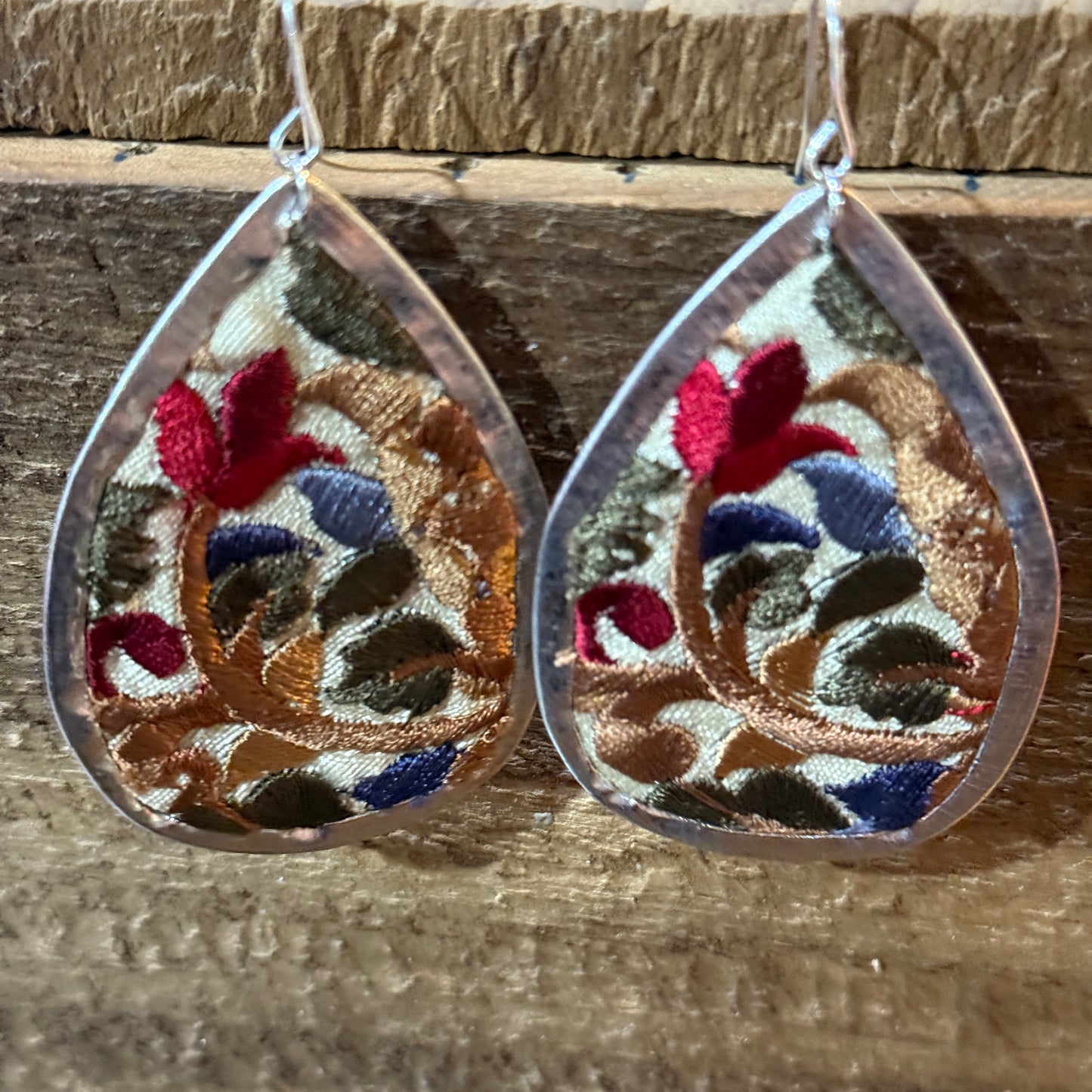 Handmade Red Floral Embroidered Teardrop Earrings With Silver Wire