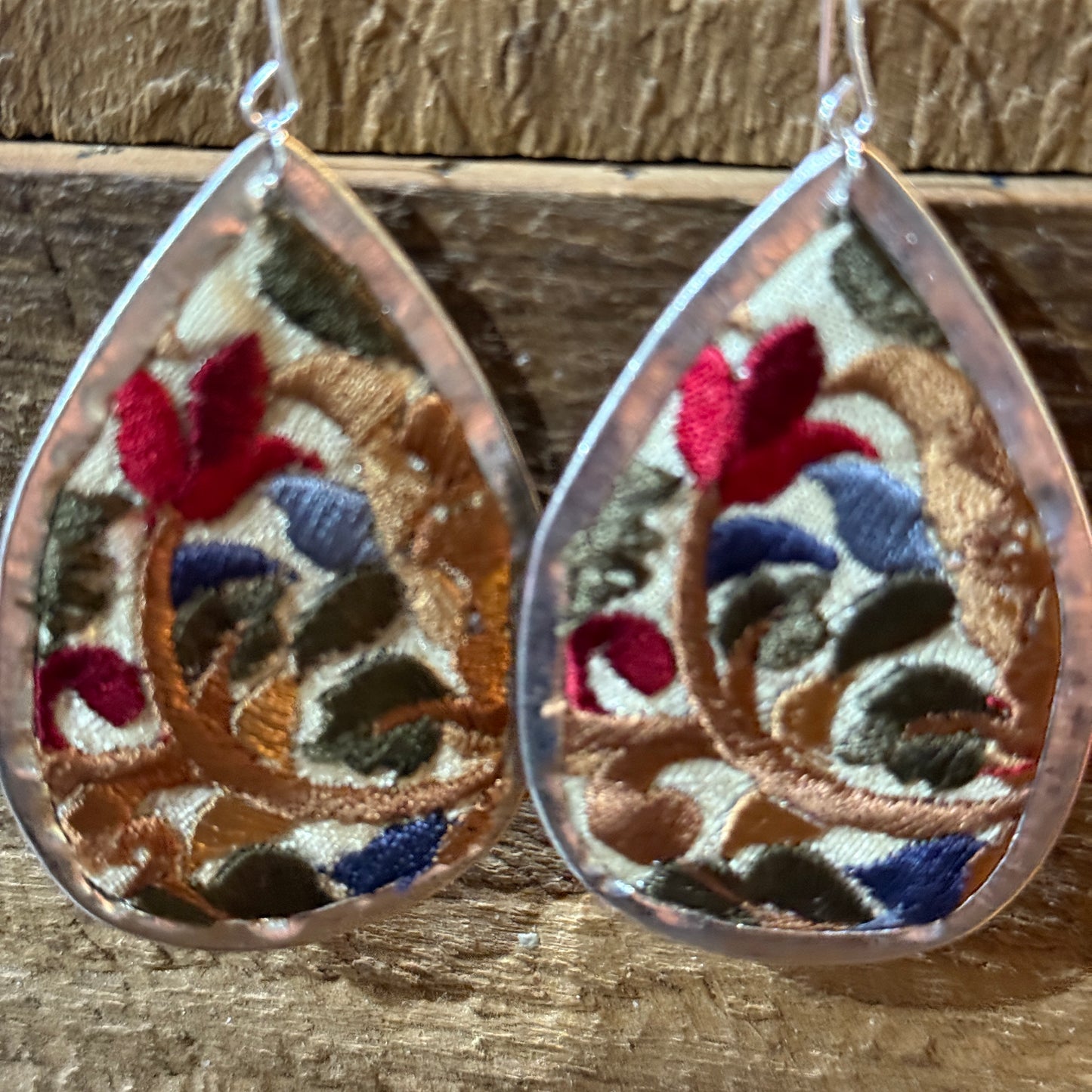 Handmade Red Floral Embroidered Teardrop Earrings With Silver Wire