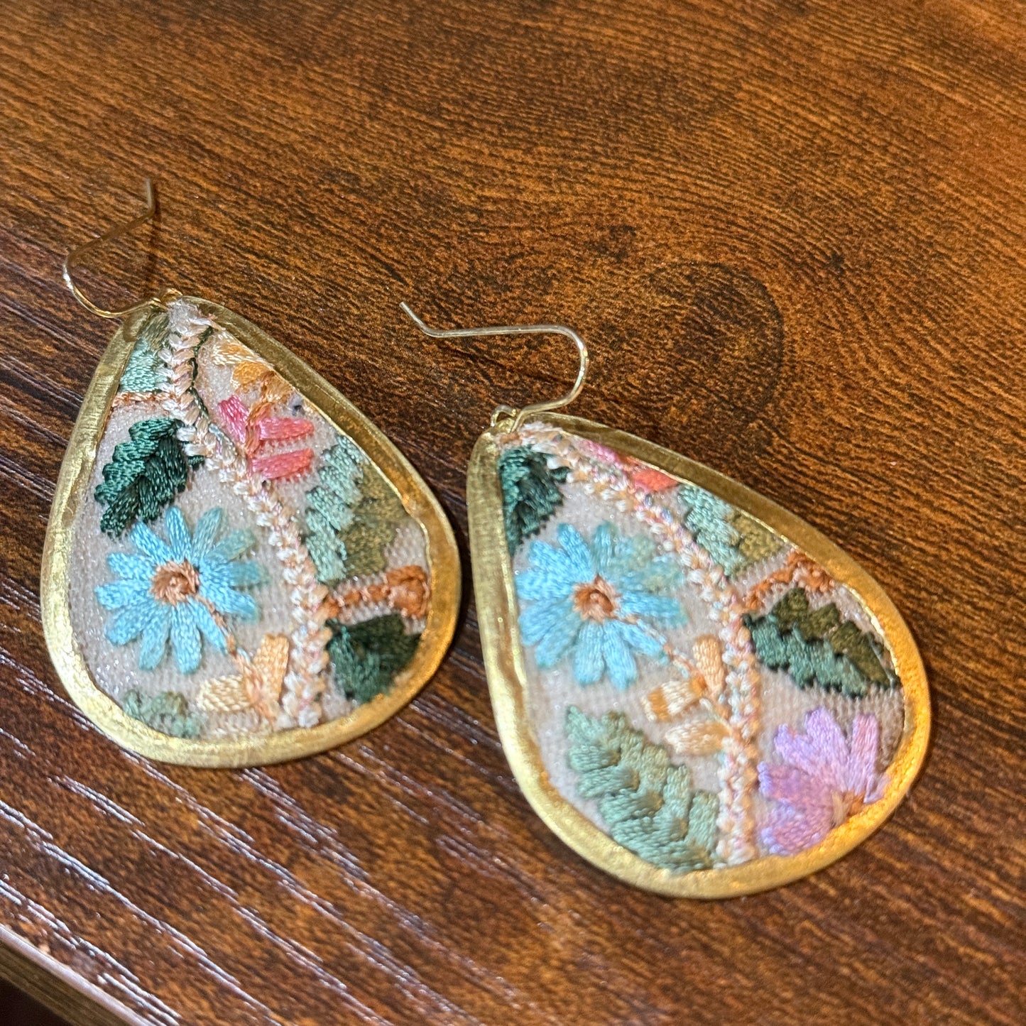 Pastel Florals Vintage Embroidery Teardrop Earrings Gold Tone