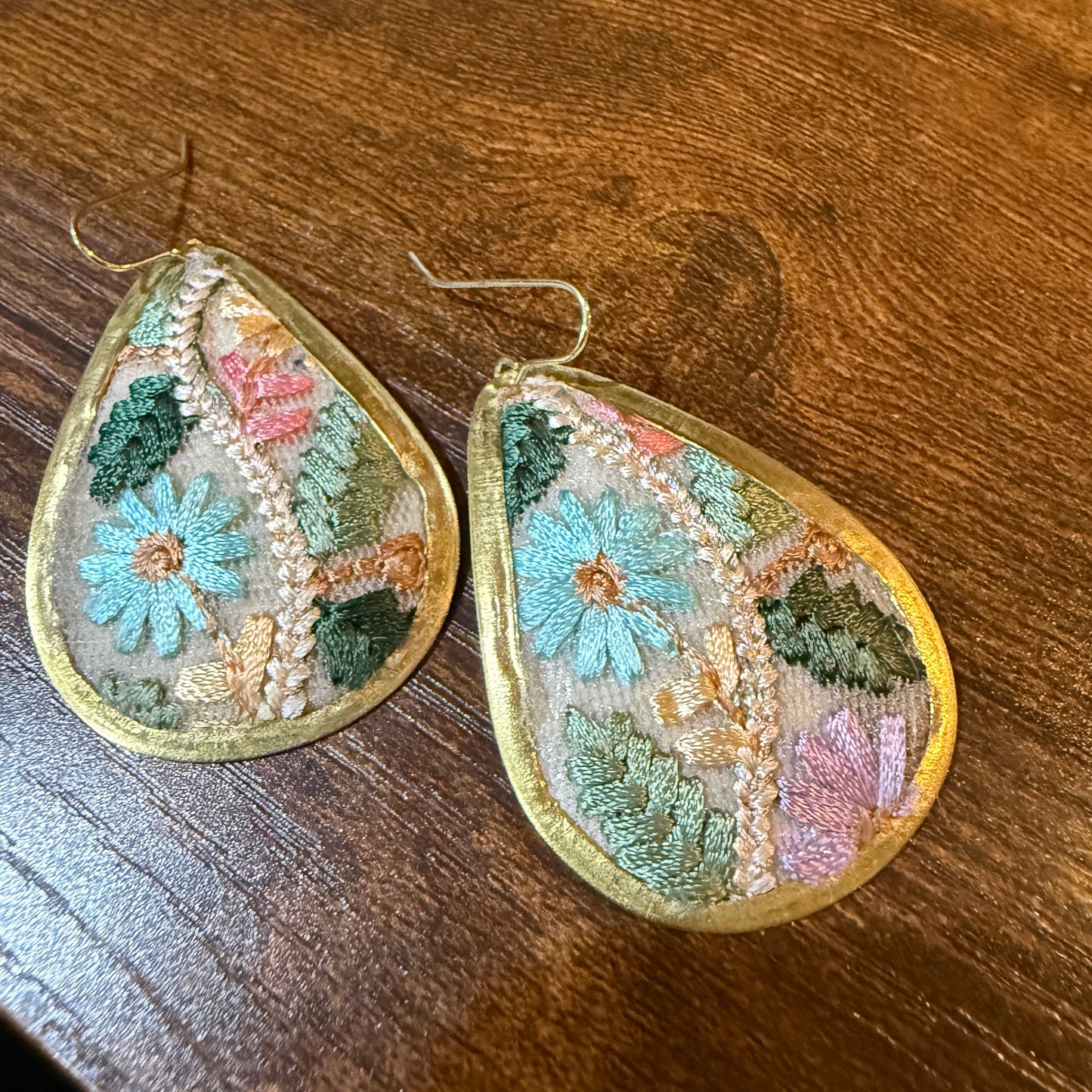 Pastel Florals Vintage Embroidery Teardrop Earrings Gold Tone