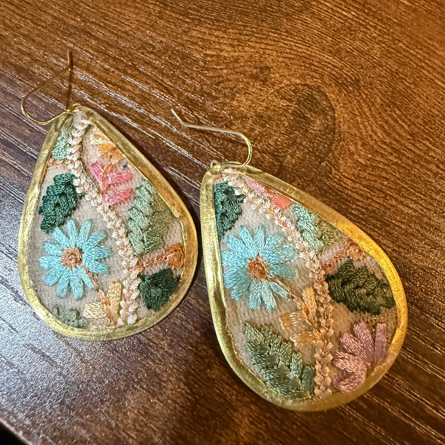 Pastel Florals Vintage Embroidery Teardrop Earrings Gold Tone