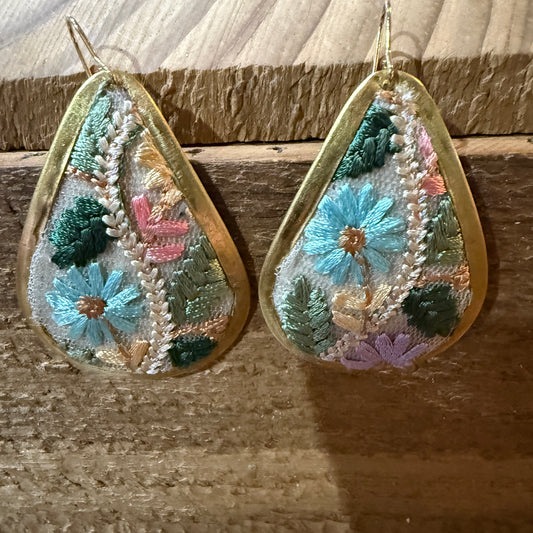 Pastel Florals Vintage Embroidery Teardrop Earrings Gold Tone
