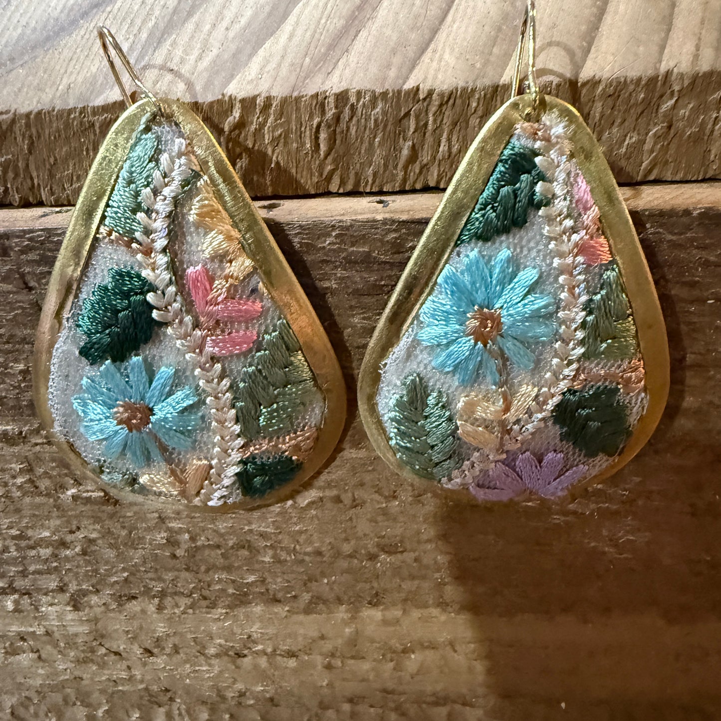 Pastel Florals Vintage Embroidery Teardrop Earrings Gold Tone