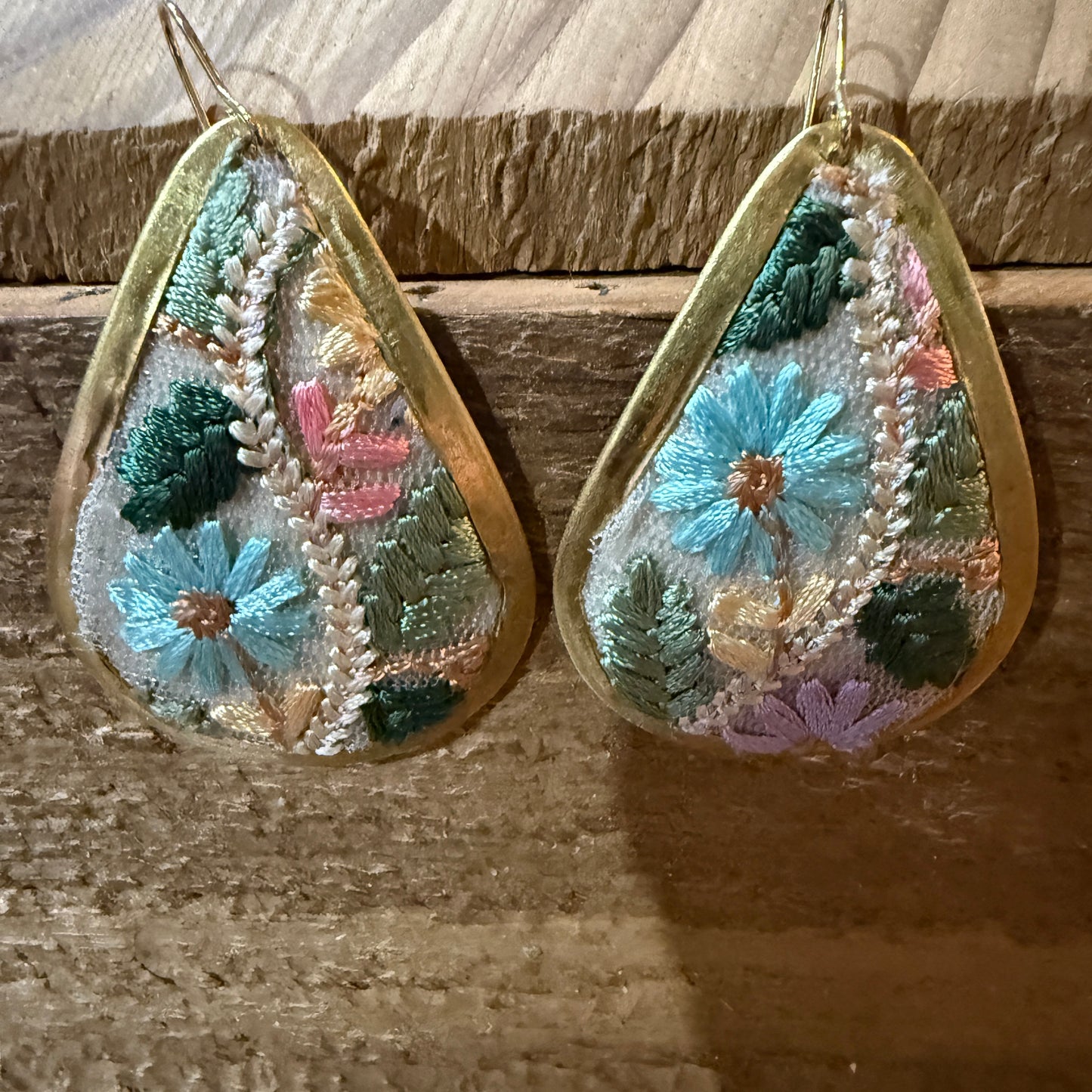 Pastel Florals Vintage Embroidery Teardrop Earrings Gold Tone