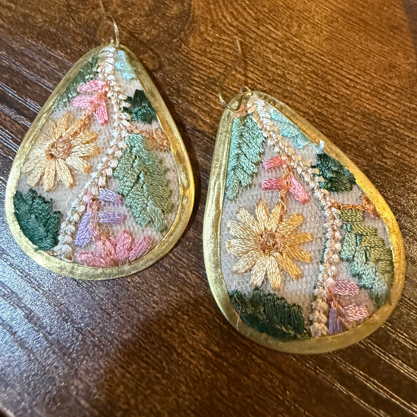 Pastel Floral Vintage Embroidered Teardrop Earrings In Gold Tone