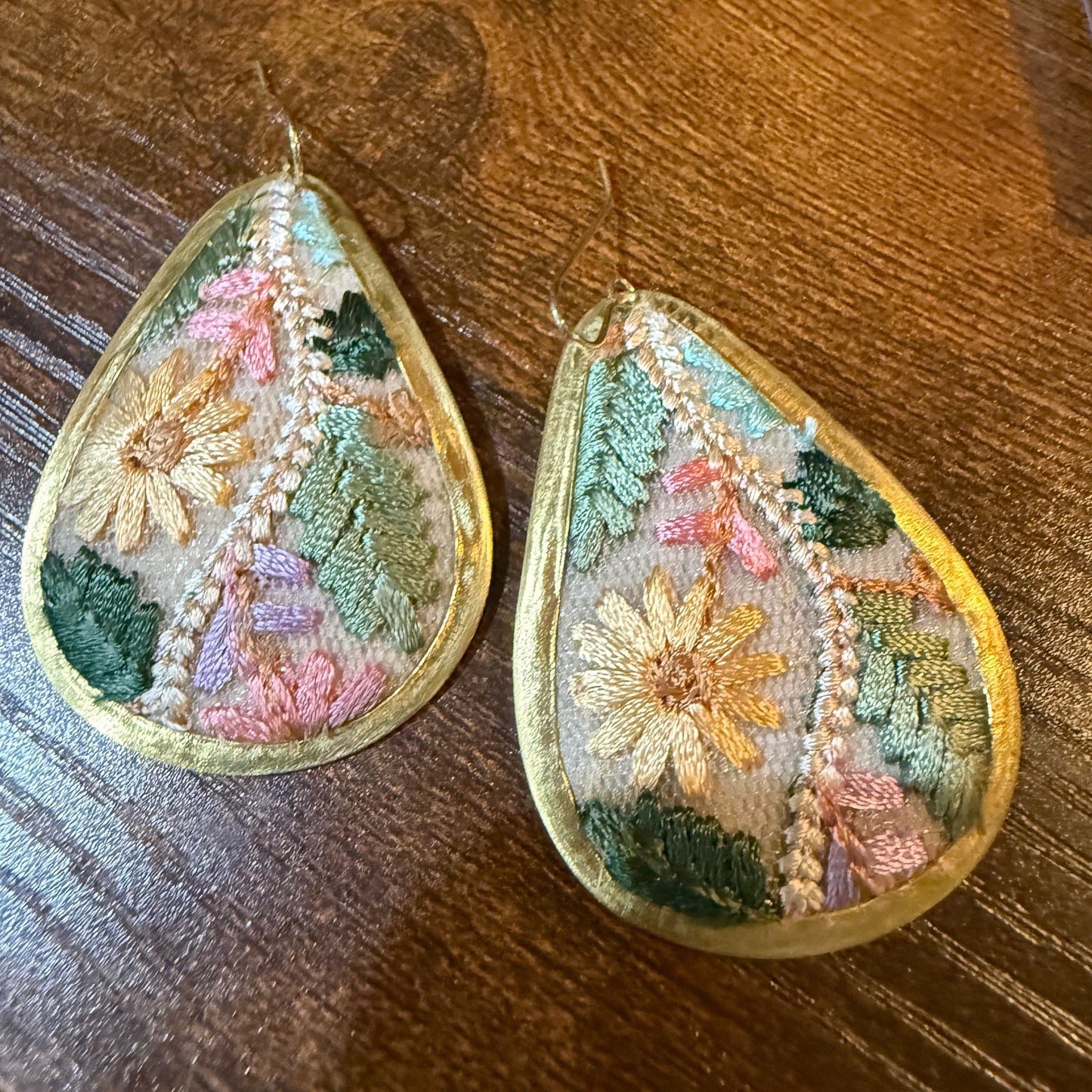 Pastel Floral Vintage Embroidered Teardrop Earrings In Gold Tone