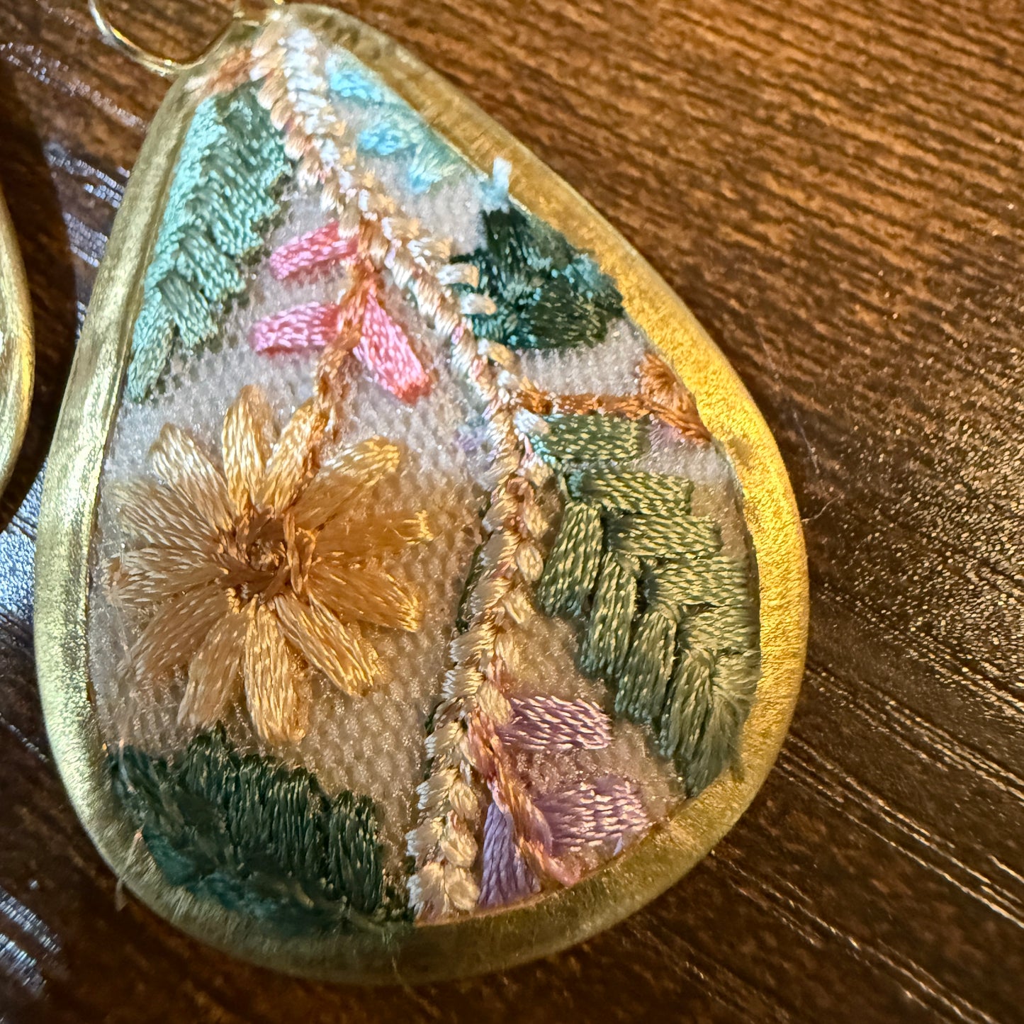 Pastel Floral Vintage Embroidered Teardrop Earrings In Gold Tone