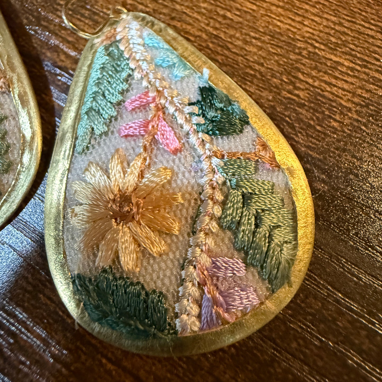 Pastel Floral Vintage Embroidered Teardrop Earrings In Gold Tone