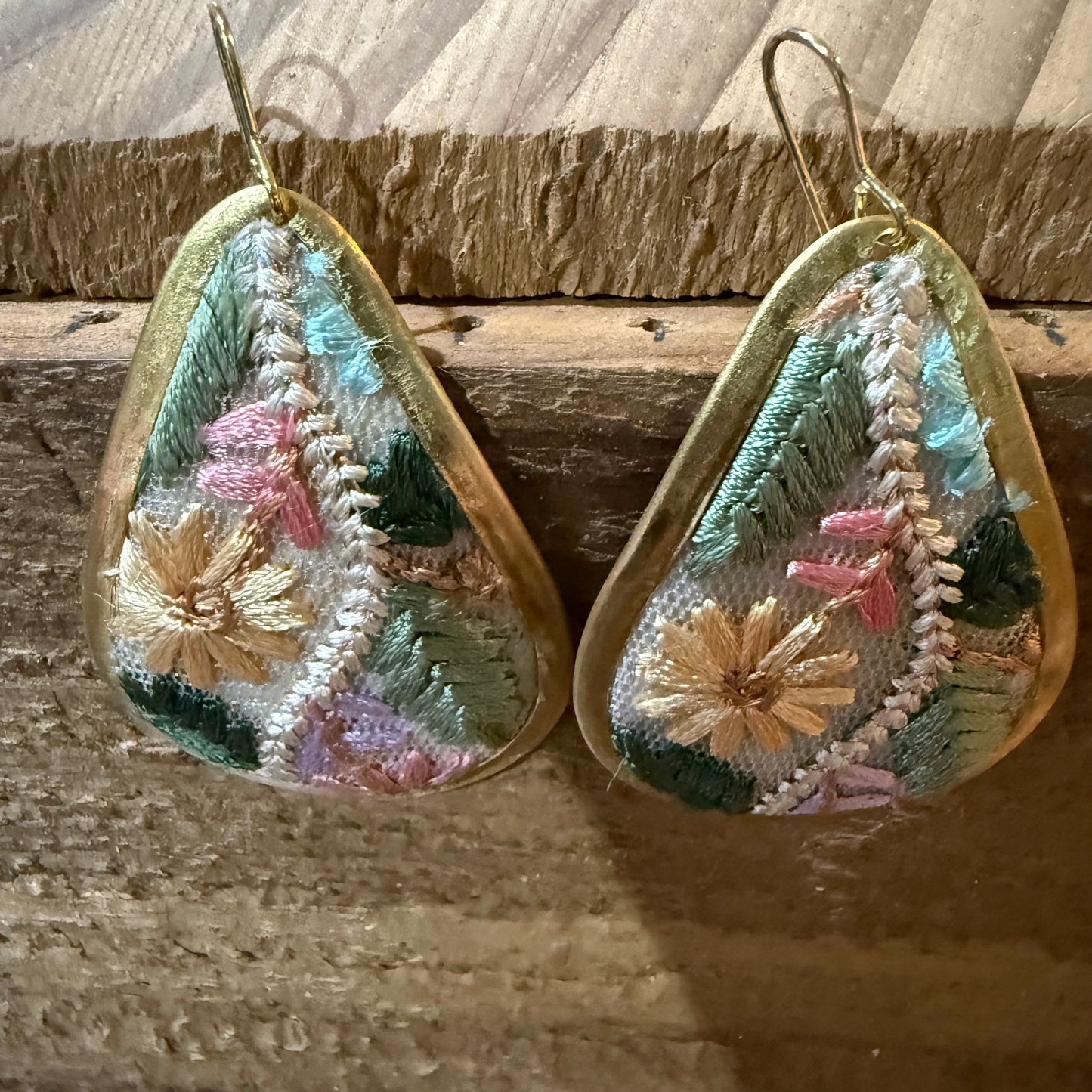 Pastel Floral Vintage Embroidered Teardrop Earrings In Gold Tone